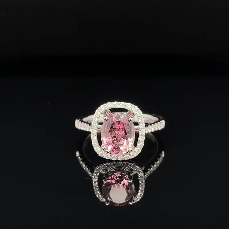 Women’s forever engagement ring-Pink Tourmaline & Diamond 2.08ctw Oval Floating Halo 3D Engagement Ring in 18k White Gold - #361 - RGTOM000138