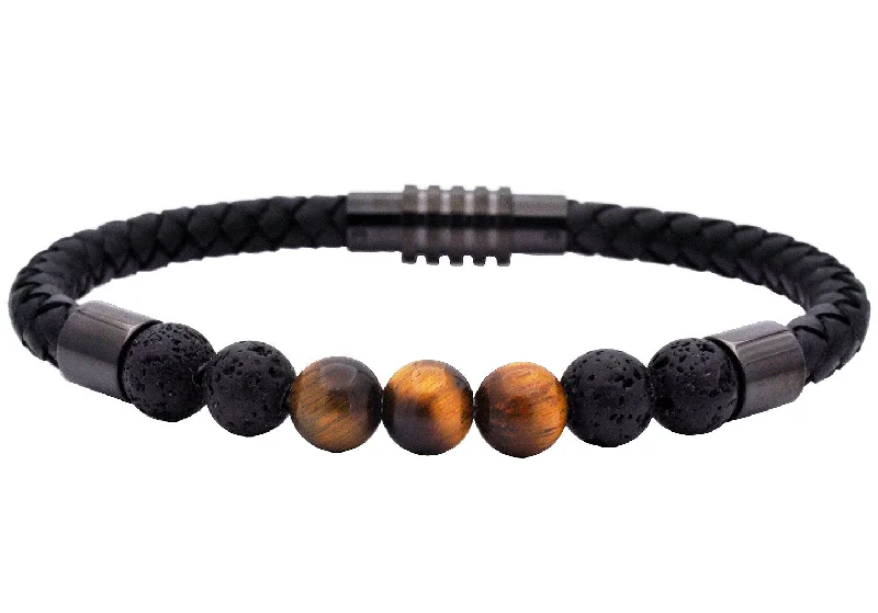 Women’s thick bracelet-Mens Genuine Tiger Eye and Lava Stone Black Leather Stainless Steel Bracelet