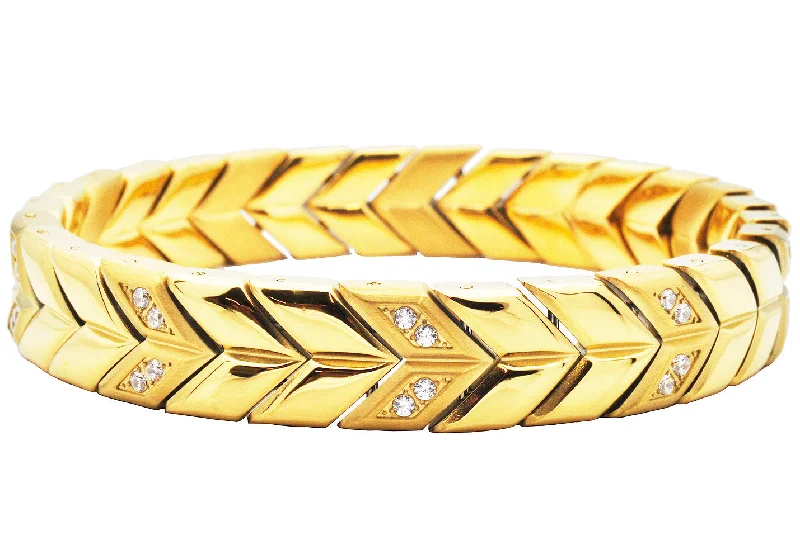 Women’s luxury bracelet-Men's 12mm Gold Plated Chevron Woven Stainless Steel Bracelet With Cubic Zirconia