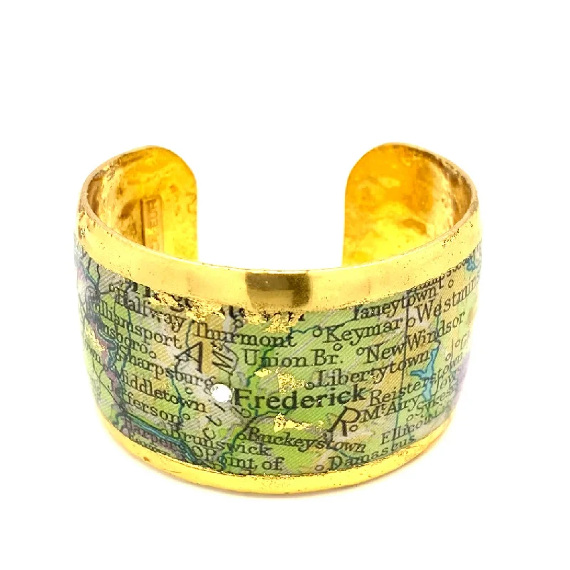 Women’s personalized leather bracelet-22K Gold Leaf Frederick,MD Map Cuff Bracelet by Evocateur