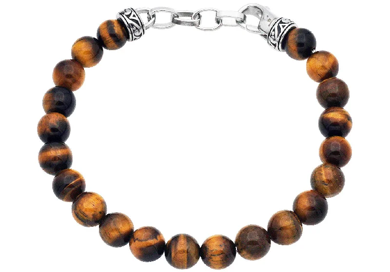 Women’s mixed metal bracelet-Mens Genuine 8mm Tiger Eye Bead Stainless Steel Bracelet