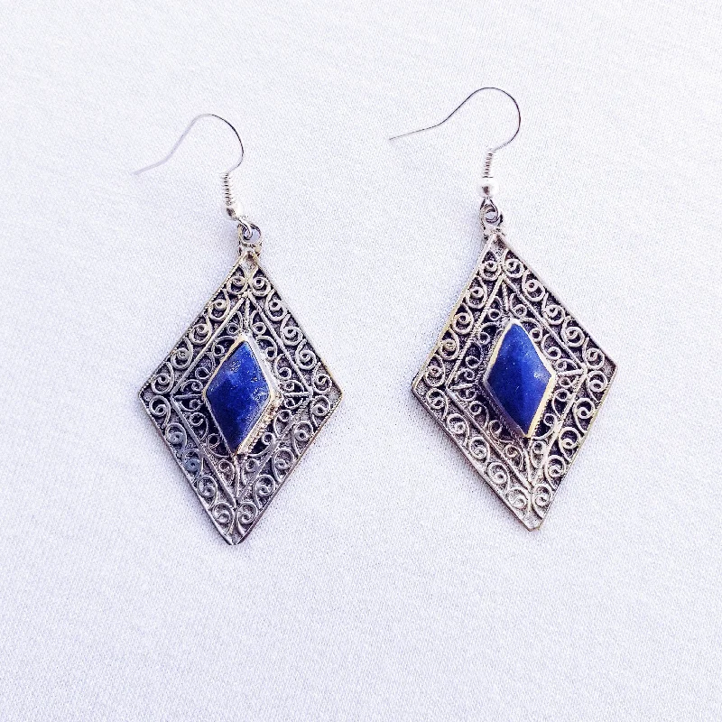 Women’s boho earrings-Diamond tribal earrings - Lapis