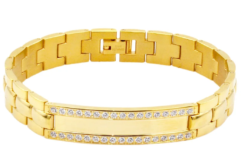 Women’s simple bangle-Mens Gold Plated Stainless Steel ID-Engravable Bracelet With Cubic Zirconia