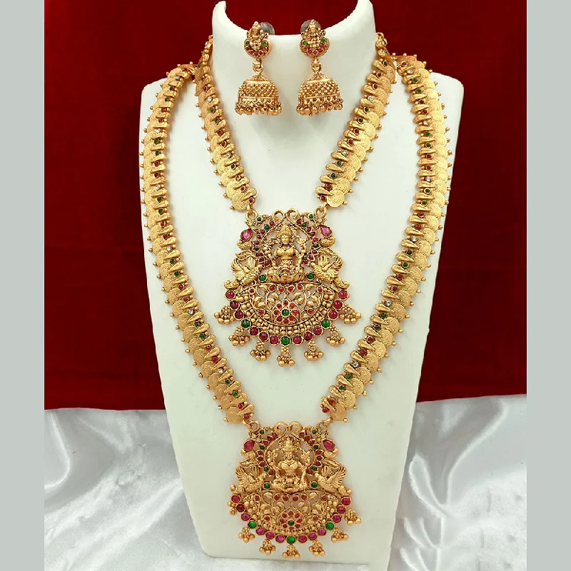 Women’s multi-layer necklace-Joyful Jewel Art Matte Gold Plated Kundan Stone And Temple Double Necklace Set