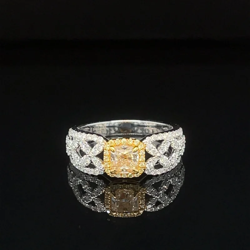 Women’s round solitaire diamond engagement ring-Yellow & White Diamond Cushion Halo Trellis Engagement Ring in 18k Two-Tone Gold - #609 - RGDIA671156