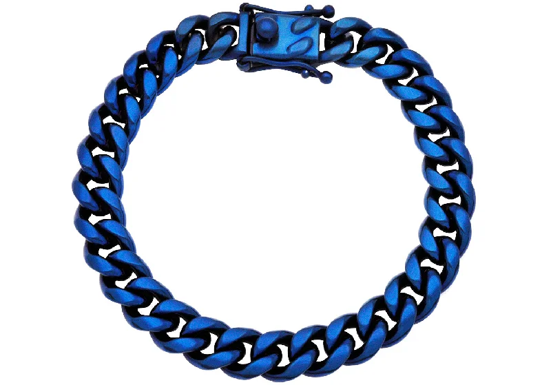 Women’s eco-friendly bracelet-Mens 10mm Matte Blue Stainless Steel Miami Cuban Link Bracelet With Box Clasp