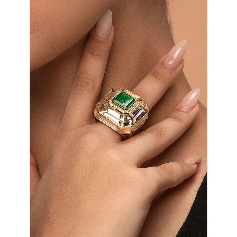 Women’s engraved wedding ring-Isharya Fiesta Hydro Emerald Deco Ring In 18Kt Gold Plated