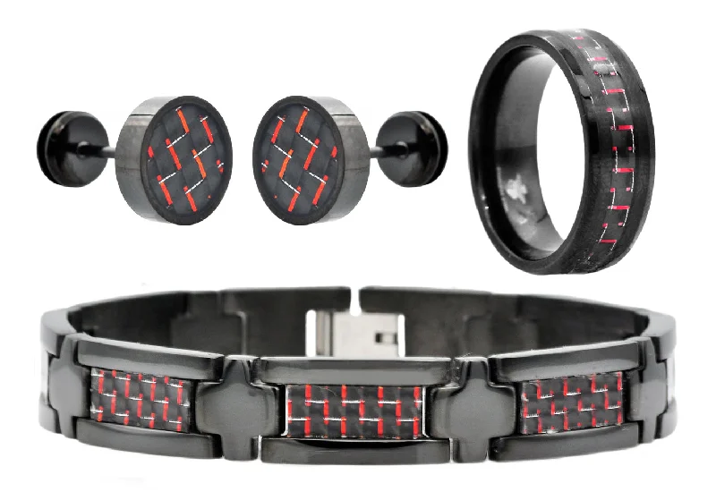 Women’s wedding bracelet-Mens Black Stainless Steel And Red Carbon Fiber Bracelet Ring And Earring Set