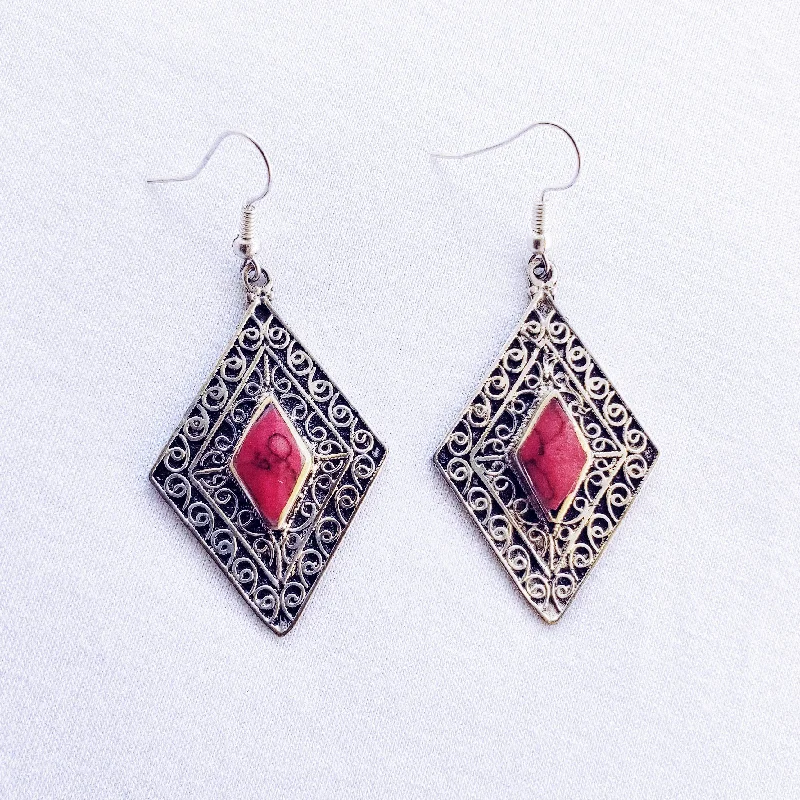 Women’s star earrings-Diamond tribal earrings - Red Stone