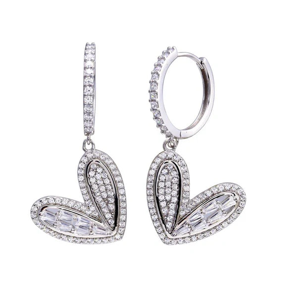 Women’s vintage earrings-Rhodium Plated 925 Sterling Silver CZ Hoop Dangling Wide Heart Earrings