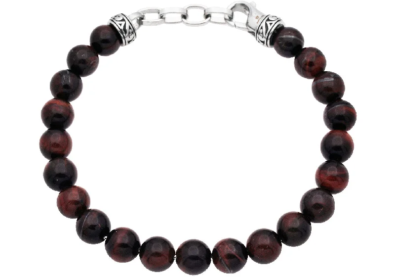 Women’s boho bracelet-Mens Genuine 8mm Red Tiger Eye Bead Stainless Steel Bracelet