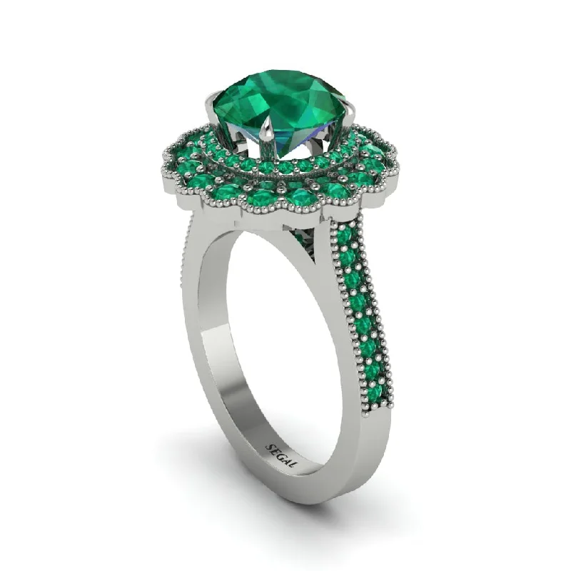 Women’s personalized diamond ring-Emerald Double Halo Cathedral Engagement Ring - Deirdre No. 21