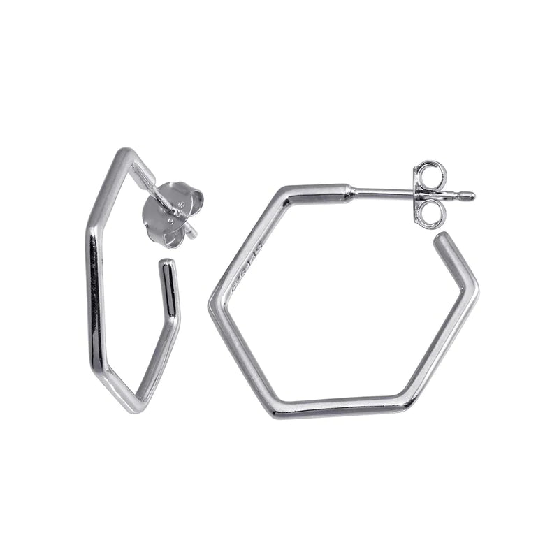 Women’s stud drop earrings-Silver 925 Rhodium Plated Large Hexagon Semi Hoop Earrings