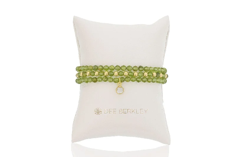 Women’s engraved charm bracelet-Peridot & Gold Filled Bead Stretch Bracelet Set by Dee Berkley