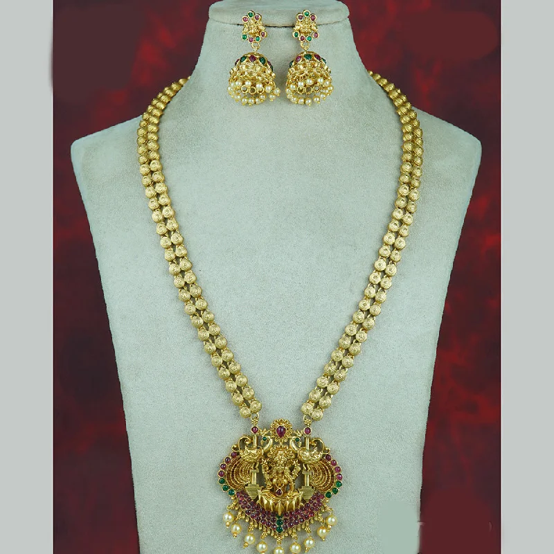 Women’s birthstone pendant necklace-Diksha Collection Gold Plated Pota Stone Temple Long Necklace Set