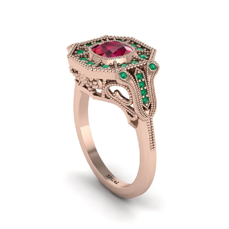 Women’s custom designed engagement ring-Ruby Cushion Cut Art Deco Engagement Ring - Kristin No. 26