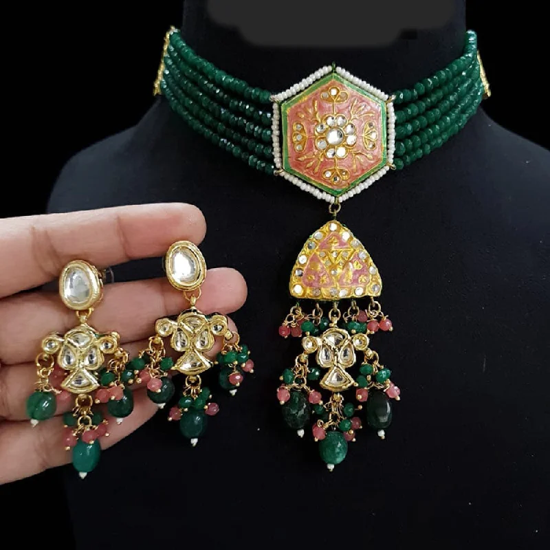 Women’s crystal necklace-FS Collection Gold Plated Kundan Stone And Beads Choker Necklace Set