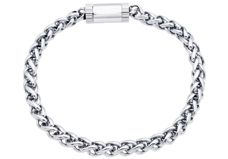 Women’s gemstone bracelet-Mens Stainless Steel Wheat Link Chain Bracelet With Magnetic Clasp