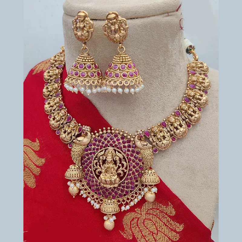 Women’s layered necklace-Jewel Addiction Copper Rajwadi Finish Pota Stone Temple Necklace Set