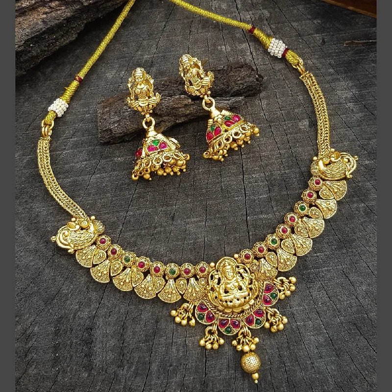 Women’s diamond pendant necklace-Sangita Creation  Copper Gold  Pota Stone Temple Long  Necklace Set