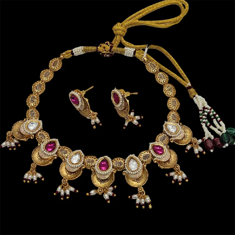 Women’s customized necklace-Nakoda Jewels Brass Copper Gold Plated Pota Stone And Pearls Necklace Set