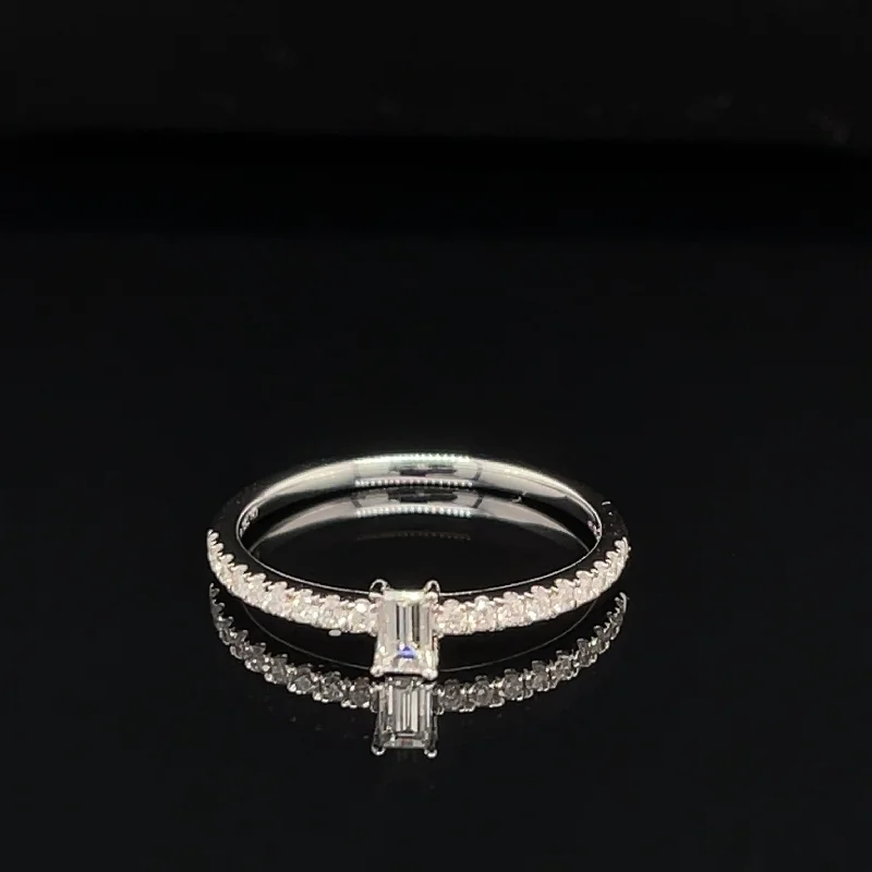 Women’s classic engagement ring-Diamond Baguette Solitaire Petite Pave Engagement Ring in 18k White Gold - (#218 - HRDIA005160)