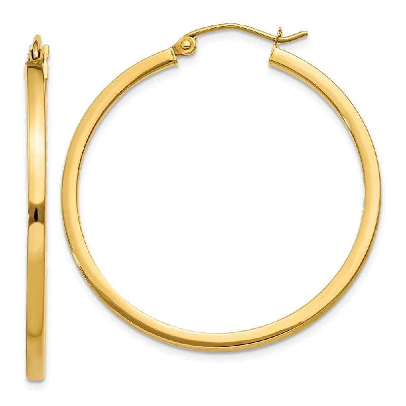 Women’s long drop earrings-2mm, 14k Yellow Gold Square Tube Round Hoop Earrings, 35mm (1 3/8 In)