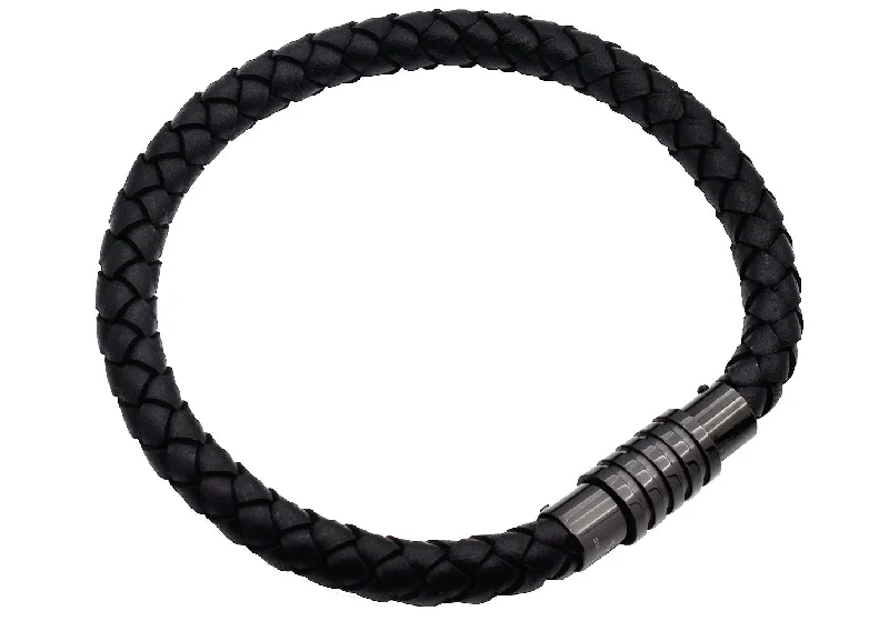 Women’s stackable bracelet-Mens Black Leather And Black Plated Stainless Steel Bracelet