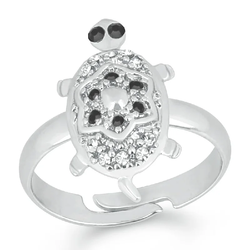 Women’s wedding ring-Mahi Rhodium Plated Tortoise Love Designer Unisex Finger Ring With Crystal Stone