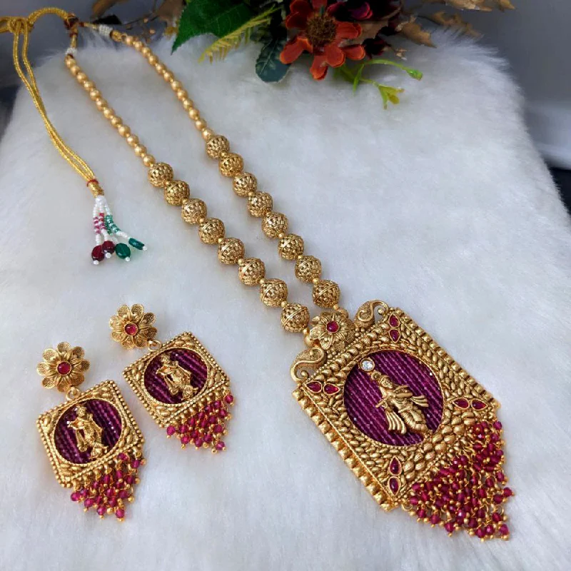 Women’s men’s style necklace-Aamrapali Gold Plated Long Temple Necklace Set