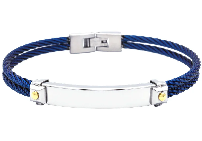 Women’s minimalist bracelet-Mens Blue Stainless Steel Engravable Cable Bracelet