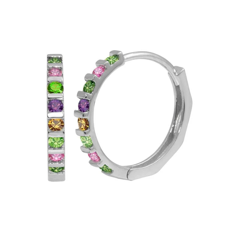 Women’s gemstone drop earrings-Rhodium Plated 925 Sterling Silver Multi-Colored CZ Huggie Hoop Earrings