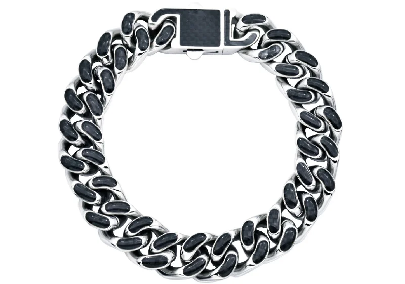 Women’s luxury tennis bracelet-Men's 12mm Stainless Steel Cuban Link Chain Bracelet With Carbon Fiber