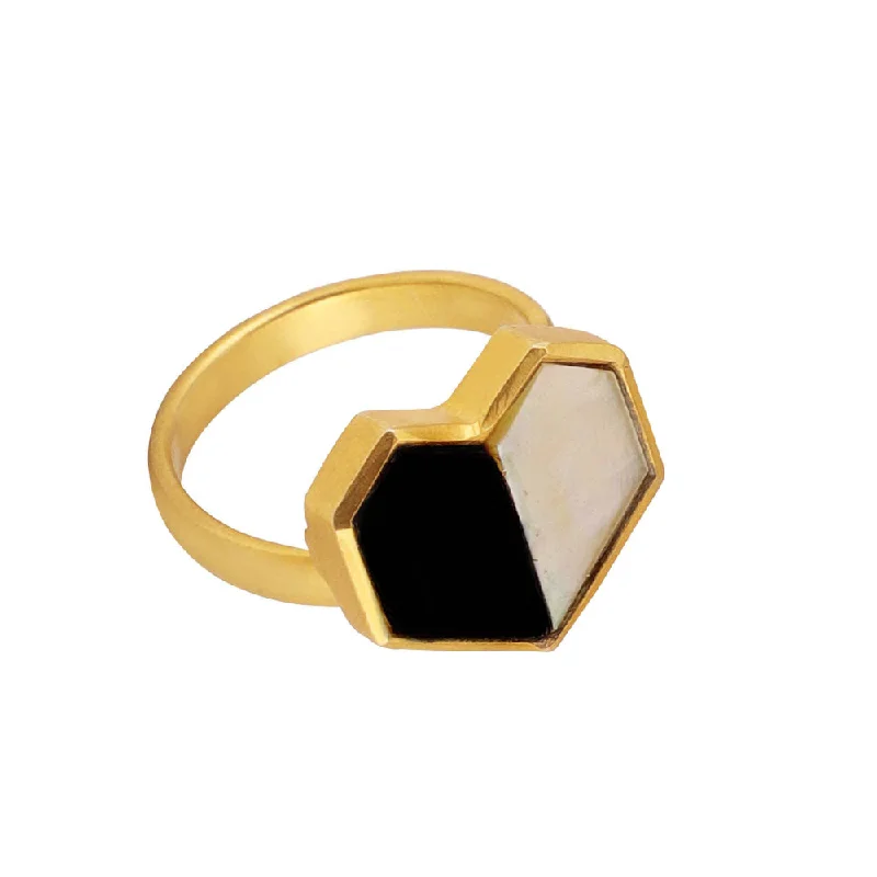 Women’s engagement diamond ring-VARNIKA ARORA Polar- 22K Gold Plated White Mother Of Pearl Black Onyx Ring