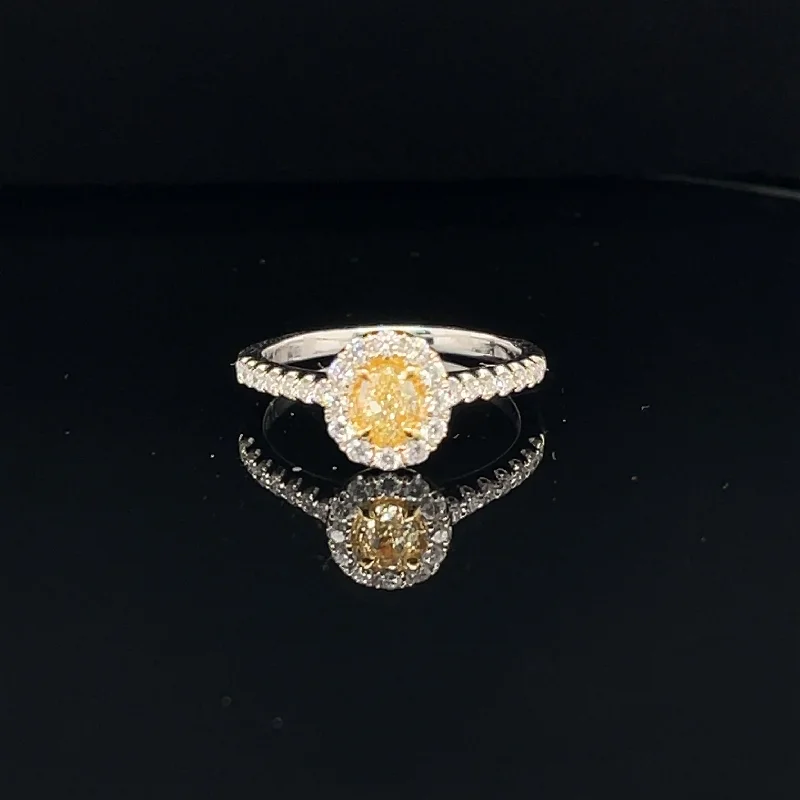 Women’s luxury custom engagement ring-Fancy Yellow & White Diamond Halo Oval Engagement Ring in 18k Two Tone Gold - (#125-JR0897GH-19)