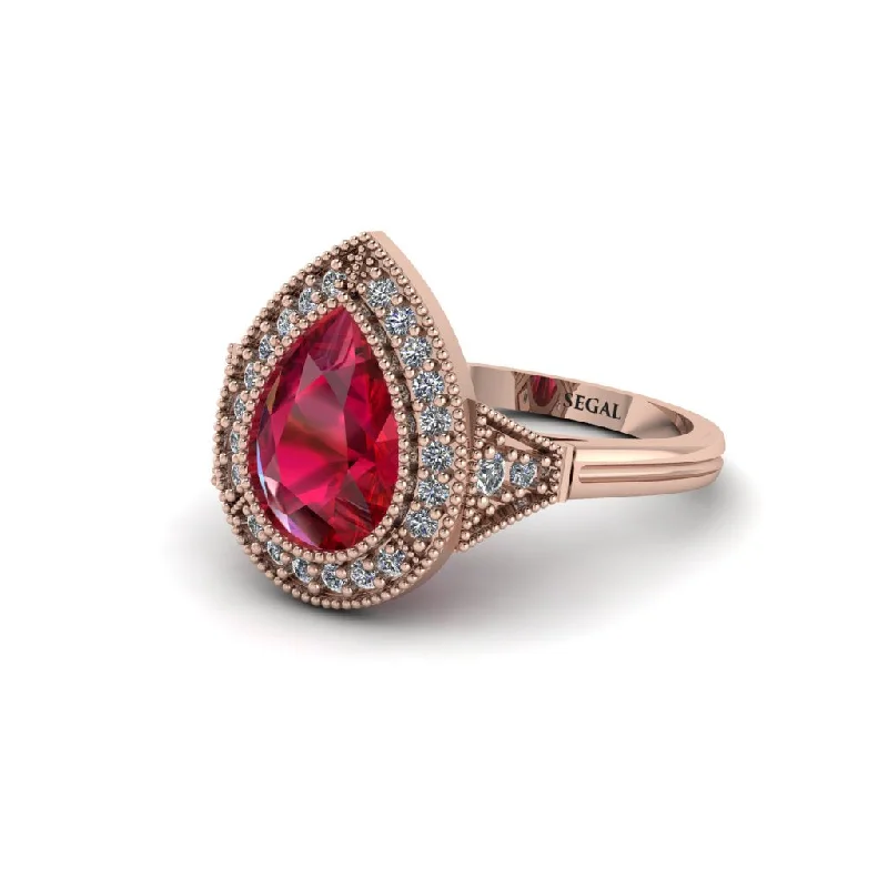 Women’s classic engagement ring-Pear Cut Ruby Milgrain Halo Engagement Ring - Daleyza No. 11