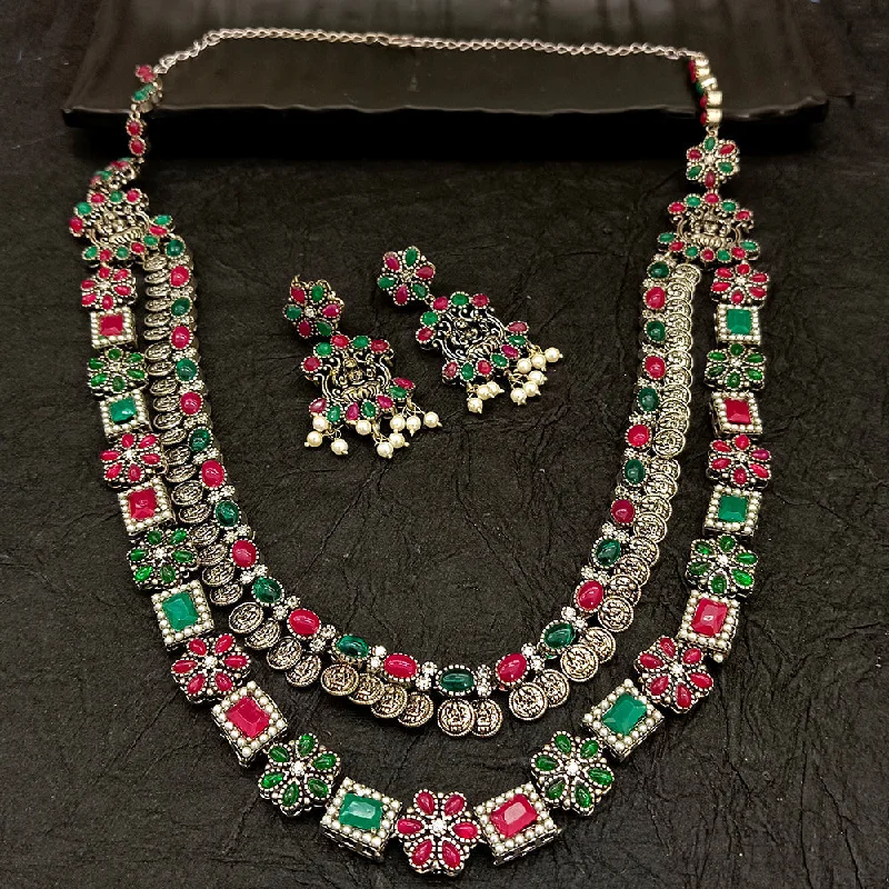 Women’s gemstone necklace-Deep Jewell Oxidised Plated Kundan Stone And Temple Necklace Set