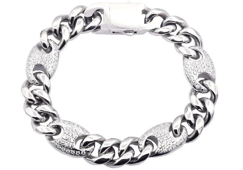 Women’s modern bracelet-Mens 10mm Stainless Steel Mariner Curb Chain Bracelet With Cubic Zirconia