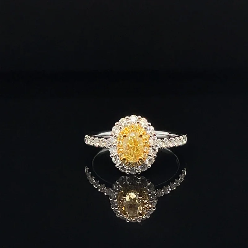 Women’s forever engagement ring-Fancy Yellow & White Diamond Oval Cluster Engagement Ring in 18k Two-Tone Gold  - #513 - RGDIA670706