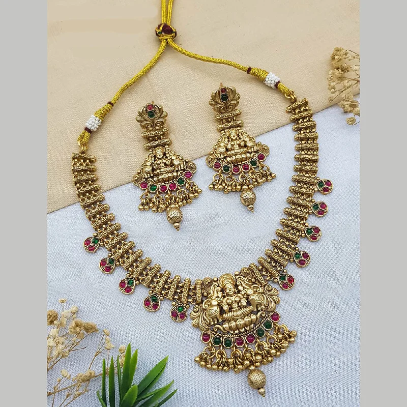 Women’s bohemian-style necklace-Sangita Creation  Copper Gold  Pota Stone Temple Long  Necklace Set