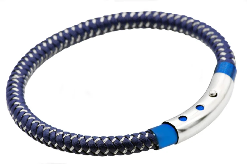 Women’s diamond bracelet-Mens Blue Leather And Black Stainless Steel Bracelet