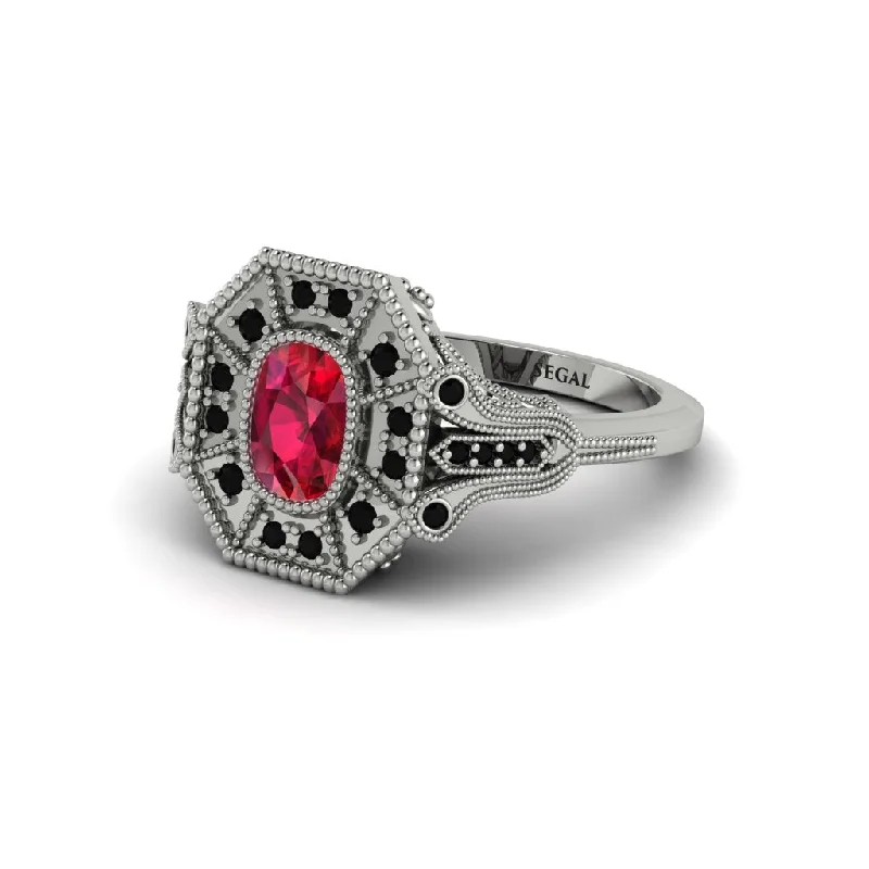 Women’s engraved wedding band-Ruby Cushion Cut Art Deco Engagement Ring - Alicia No. 42