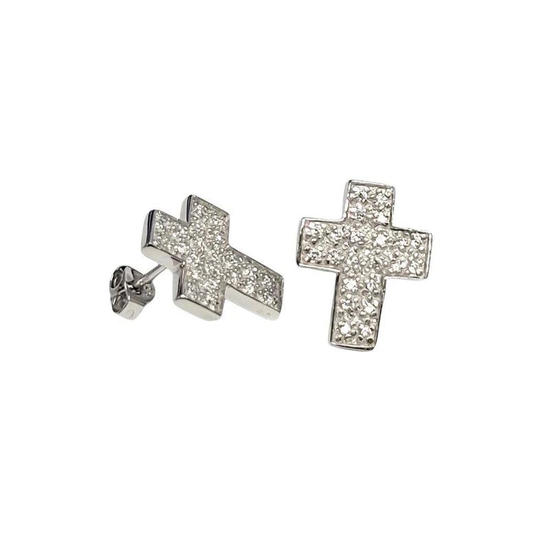 Women’s boho earrings-Silver 925 Rhodium Plated Cross Micro Pave Clear CZ Stud Earrings