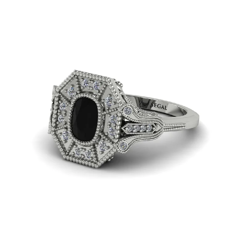 Women’s unique diamond engagement ring-Black Diamond Cushion Cut Art Deco Engagement Ring - Alicia No. 9