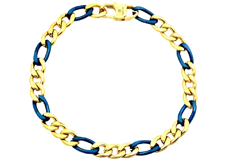 Women’s statement bracelet-Mens Two-Toned Gold & Blue Stainless Steel Figaro Link Chain Bracelet