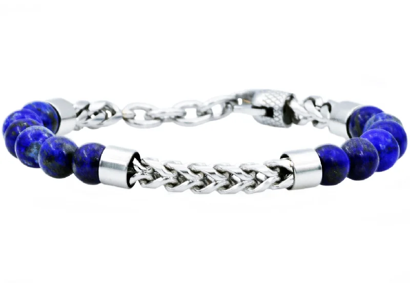 Women’s silver cuff bangle-Mens Genuine Lapis Lazuli Stainless Steel Beaded And Franco Link Chain Bracelet With Adjustable Clasp