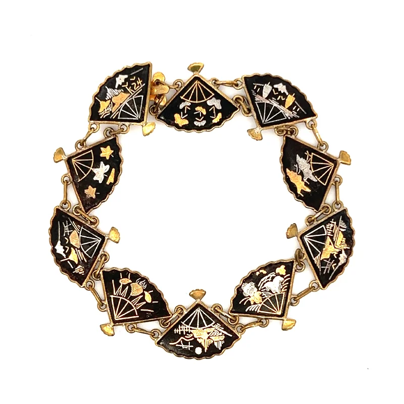 Women’s leather bangle-Estate Gold Filled Damascene Fan Link Bracelet