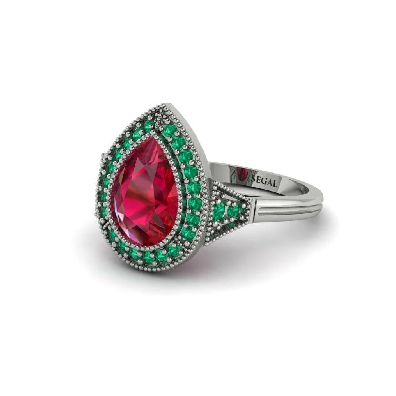 Women’s three stone engagement ring-Pear Cut Ruby Milgrain Halo Engagement Ring - Daleyza No. 27