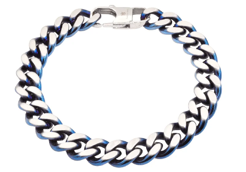 Women’s modern gold bracelet-Men's Two-Toned Matt Blue Stainless Steel Curb Link Bracelet