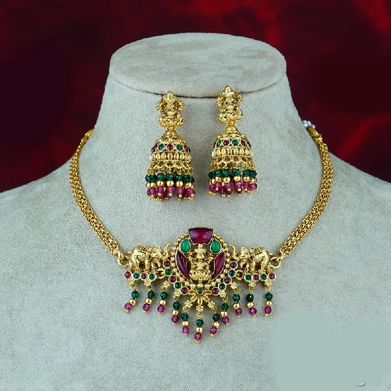 Women’s layered necklace-Diksha Collection Gold Plated Temple Pota Stone Necklace Set